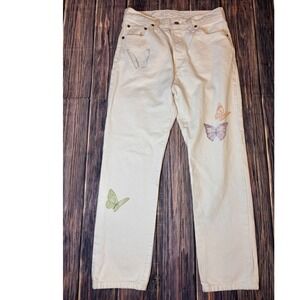 Levi's 501 Original Fit Womens Straight Jeans W28 L28 Ivory Butterfly Print